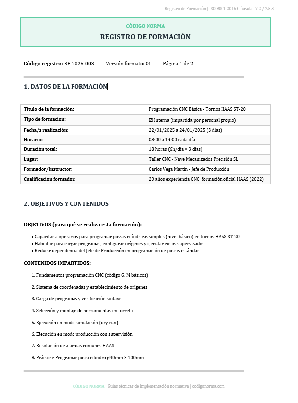 Registro de formación y competencias ISO 9001 — Código Norma