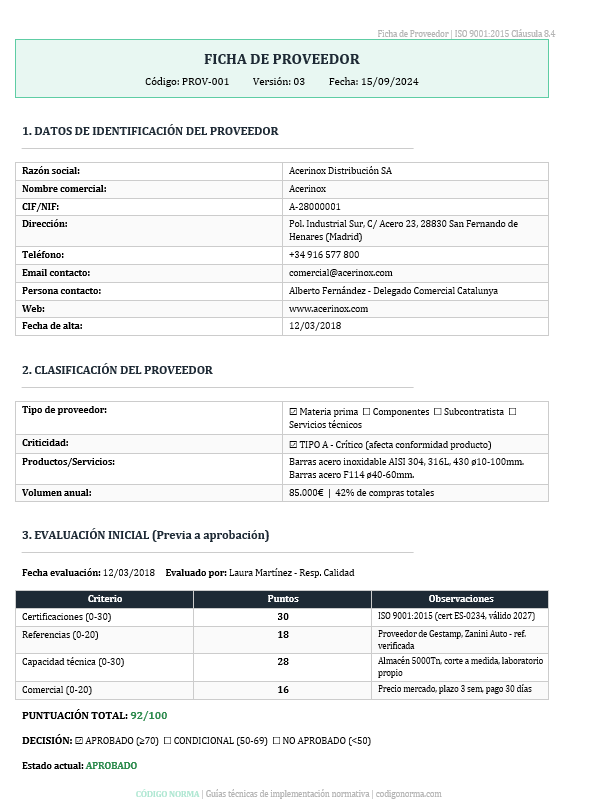 Ficha de evaluación de proveedor ISO 9001 — Código Norma